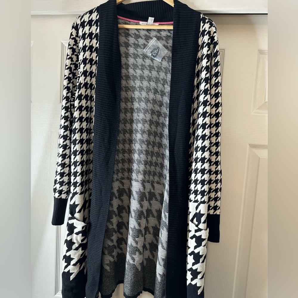 Isaac Mizrahi Black & White Houndstooth Women's open front cardigan Sweater SZ L